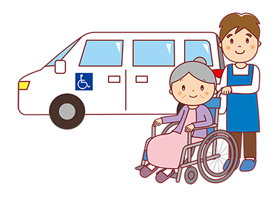 介護送迎車と車椅子の高齢者女性の画像